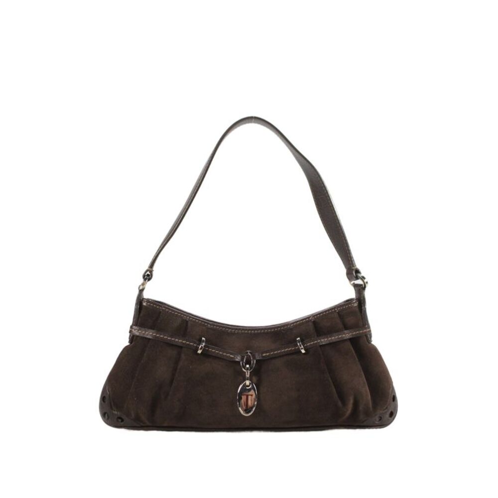 Tods Womens Suede Leather Logo Embellished Small Shoulder Handbag Brown